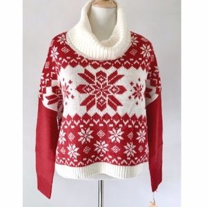 Yes Lola NWT Red Ivory Snowflake Cowl Neck Sweater